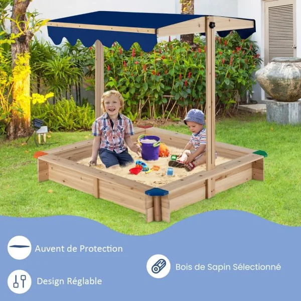 Bac à Sable en Bois de Sapin avec Toit Réglable & Inclinable Bac à Sable Extérieur avec Conception sans Fond Charge 90kg pour 3 Ans+