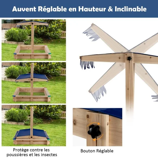 Bac à Sable en Bois de Sapin avec Toit Réglable & Inclinable Bac à Sable Extérieur avec Conception sans Fond Charge 90kg pour 3 Ans+