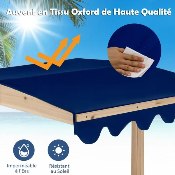 Bac à Sable en Bois de Sapin avec Toit Réglable & Inclinable Bac à Sable Extérieur avec Conception sans Fond Charge 90kg pour 3 Ans+
