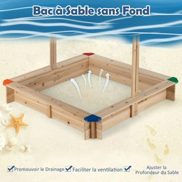 Bac à Sable en Bois de Sapin avec Toit Réglable & Inclinable Bac à Sable Extérieur avec Conception sans Fond Charge 90kg pour 3 Ans+
