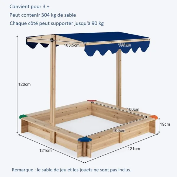 Bac à Sable en Bois de Sapin avec Toit Réglable & Inclinable Bac à Sable Extérieur avec Conception sans Fond Charge 90kg pour 3 Ans+