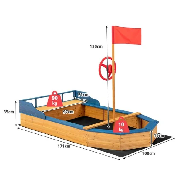 Bac à Sable en Bois pour Bateau de Pirate avec Banquette et Drapeau Grande Boîte à Sable pour Enfant 171 x 130 x 100 cm