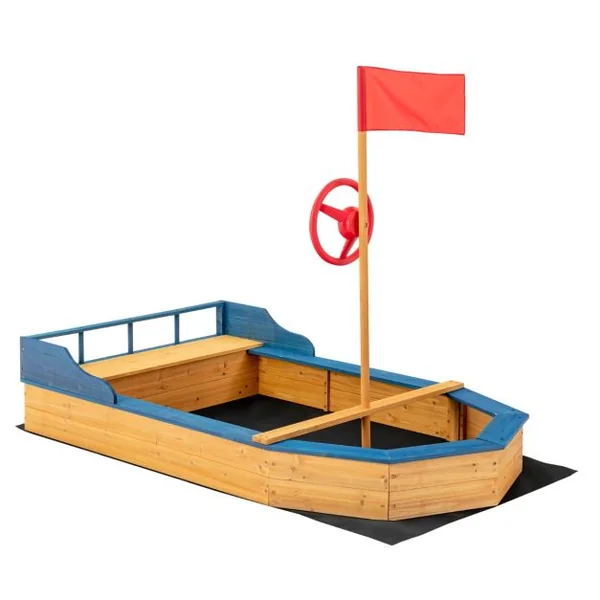 Bac à Sable en Bois pour Bateau de Pirate avec Banquette et Drapeau Grande Boîte à Sable pour Enfant 171 x 130 x 100 cm