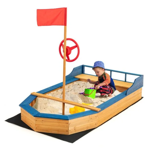 Bac à Sable en Bois pour Bateau de Pirate avec Banquette et Drapeau Grande Boîte à Sable pour Enfant 171 x 130 x 100 cm