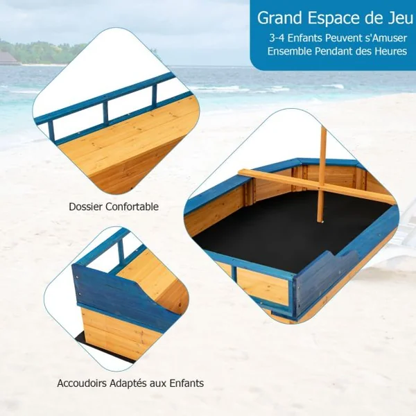 Bac à Sable en Bois pour Bateau de Pirate avec Banquette et Drapeau Grande Boîte à Sable pour Enfant 171 x 130 x 100 cm