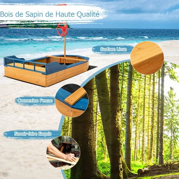 Bac à Sable en Bois pour Bateau de Pirate avec Banquette et Drapeau Grande Boîte à Sable pour Enfant 171 x 130 x 100 cm