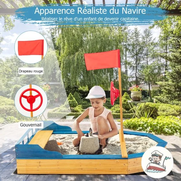 Bac à Sable en Bois pour Bateau de Pirate avec Banquette et Drapeau Grande Boîte à Sable pour Enfant 171 x 130 x 100 cm