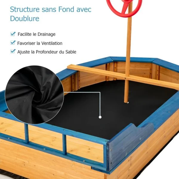 Bac à Sable en Bois pour Bateau de Pirate avec Banquette et Drapeau Grande Boîte à Sable pour Enfant 171 x 130 x 100 cm