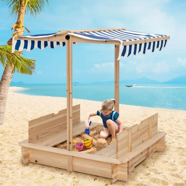 Bac à Sable en Bois pour Enfants de 3 à 6 Ans avec Bancs Convertibles et Auvent Réglable en Hauteur 110 x 107 x 121cm