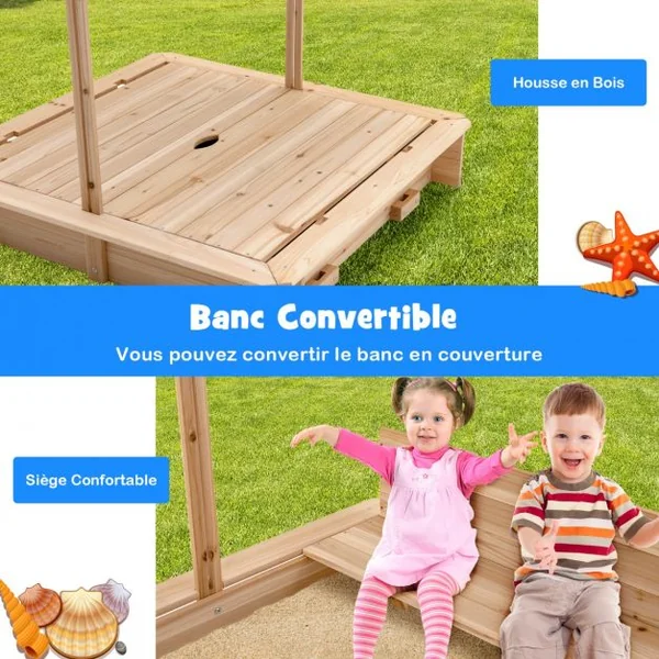 Bac à Sable en Bois pour Enfants de 3 à 6 Ans avec Bancs Convertibles et Auvent Réglable en Hauteur 110 x 107 x 121cm