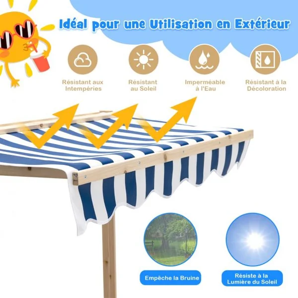 Bac à Sable en Bois pour Enfants de 3 à 6 Ans avec Bancs Convertibles et Auvent Réglable en Hauteur 110 x 107 x 121cm
