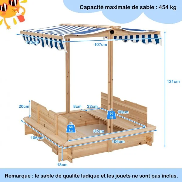 Bac à Sable en Bois pour Enfants de 3 à 6 Ans avec Bancs Convertibles et Auvent Réglable en Hauteur 110 x 107 x 121cm