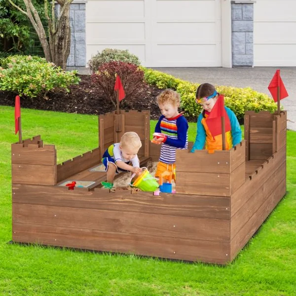 Bac à Sable Enfants Bois de Cèdre 2 Bancs Charge 50kg 2 Boîte de Rangement Amovibles 4 Drapeaux Capacité de Sable 120L