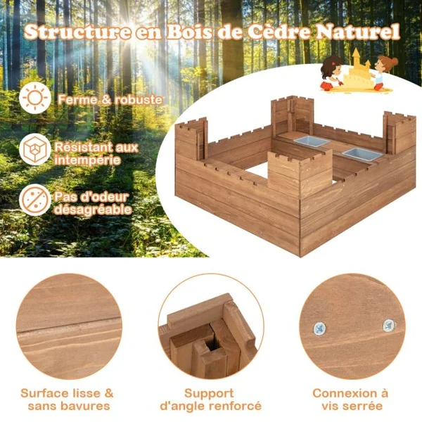 Bac à Sable Enfants Bois de Cèdre 2 Bancs Charge 50kg 2 Boîte de Rangement Amovibles 4 Drapeaux Capacité de Sable 120L