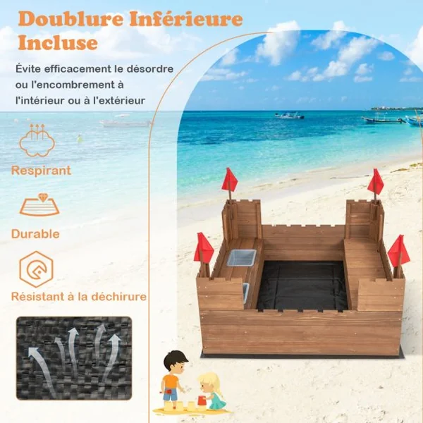 Bac à Sable Enfants Bois de Cèdre 2 Bancs Charge 50kg 2 Boîte de Rangement Amovibles 4 Drapeaux Capacité de Sable 120L