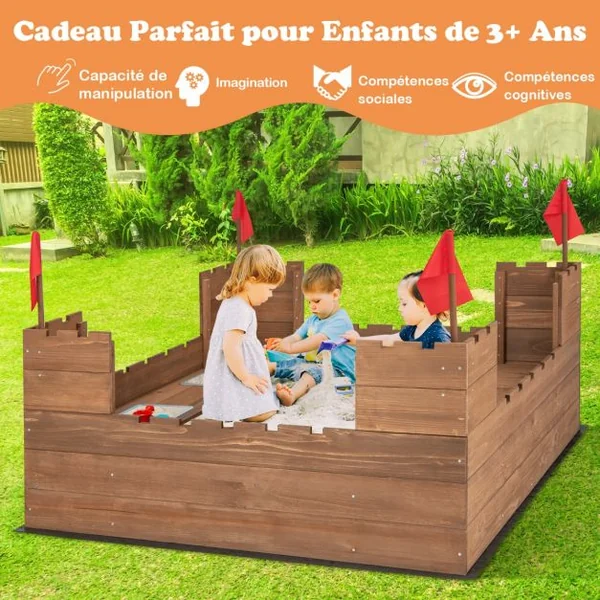 Bac à Sable Enfants Bois de Cèdre 2 Bancs Charge 50kg 2 Boîte de Rangement Amovibles 4 Drapeaux Capacité de Sable 120L