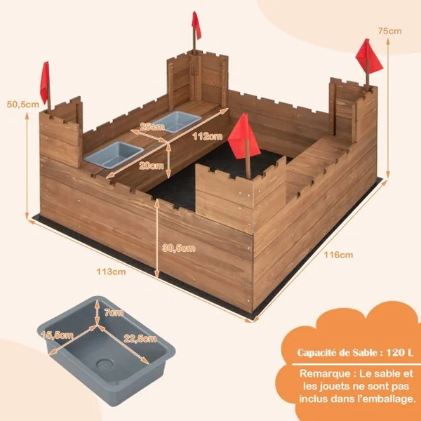 Bac à Sable Enfants Bois de Cèdre 2 Bancs Charge 50kg 2 Boîte de Rangement Amovibles 4 Drapeaux Capacité de Sable 120L