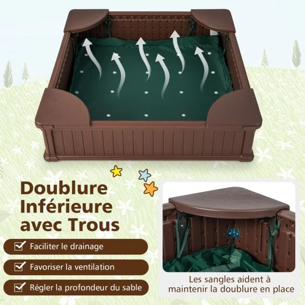 Bac à Sable Enfants Carré en HDPE avec 4 Sièges d'Angle Bac à Sable avec Couvercle en Oxford et Doublure de Sol Charge 50kg pour 4 Enfants de 3 Ans+ Marron