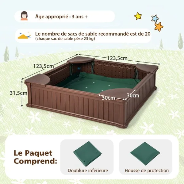 Bac à Sable Enfants Carré en HDPE avec 4 Sièges d'Angle Bac à Sable avec Couvercle en Oxford et Doublure de Sol Charge 50kg pour 4 Enfants de 3 Ans+ Marron