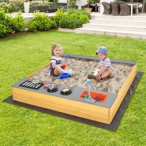 Bac à Sable Extérieur en Bois pour Enfants avec Accessoires de Cuisine Banc Intégré et Doublure Inférieure pour 3-8 Ans Naturel