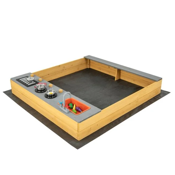 Bac à Sable Extérieur en Bois pour Enfants avec Accessoires de Cuisine Banc Intégré et Doublure Inférieure pour 3-8 Ans Naturel