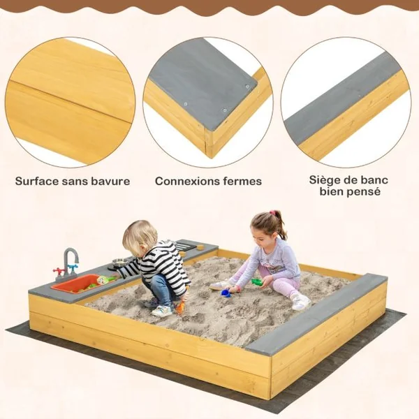 Bac à Sable Extérieur en Bois pour Enfants avec Accessoires de Cuisine Banc Intégré et Doublure Inférieure pour 3-8 Ans Naturel