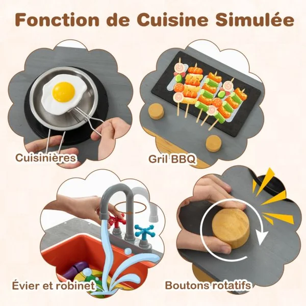 Bac à Sable Extérieur en Bois pour Enfants avec Accessoires de Cuisine Banc Intégré et Doublure Inférieure pour 3-8 Ans Naturel