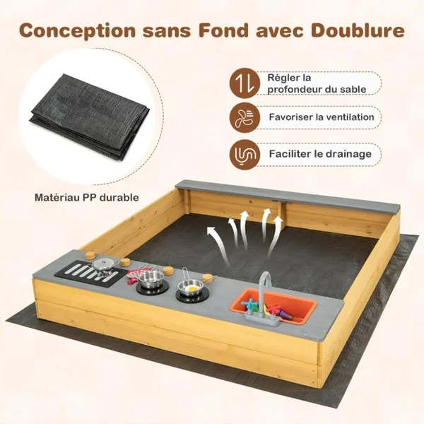Bac à Sable Extérieur en Bois pour Enfants avec Accessoires de Cuisine Banc Intégré et Doublure Inférieure pour 3-8 Ans Naturel