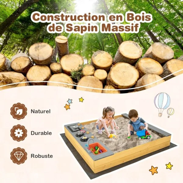 Bac à Sable Extérieur en Bois pour Enfants avec Accessoires de Cuisine Banc Intégré et Doublure Inférieure pour 3-8 Ans Naturel
