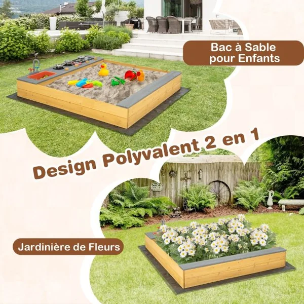 Bac à Sable Extérieur en Bois pour Enfants avec Accessoires de Cuisine Banc Intégré et Doublure Inférieure pour 3-8 Ans Naturel