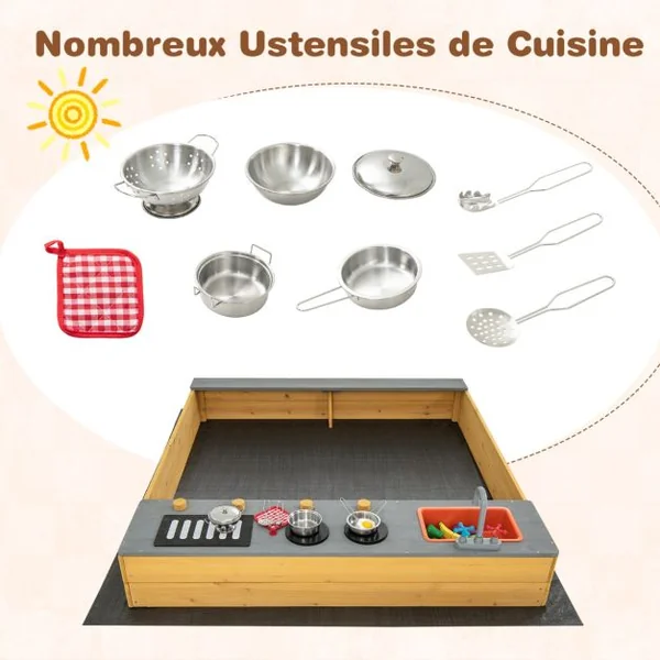 Bac à Sable Extérieur en Bois pour Enfants avec Accessoires de Cuisine Banc Intégré et Doublure Inférieure pour 3-8 Ans Naturel