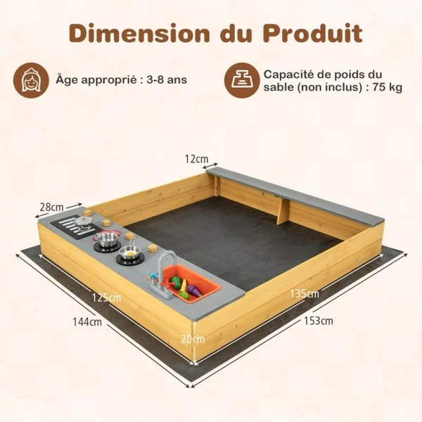 Bac à Sable Extérieur en Bois pour Enfants avec Accessoires de Cuisine Banc Intégré et Doublure Inférieure pour 3-8 Ans Naturel