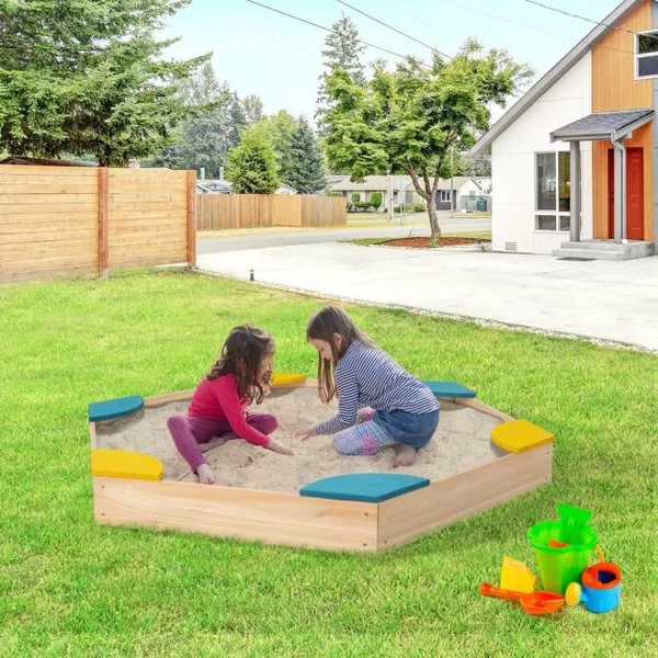 Bac à Sable Hexagone pour Enfants avec 6 Sièges en Bois de cèdre Multicolore 3 Ans+