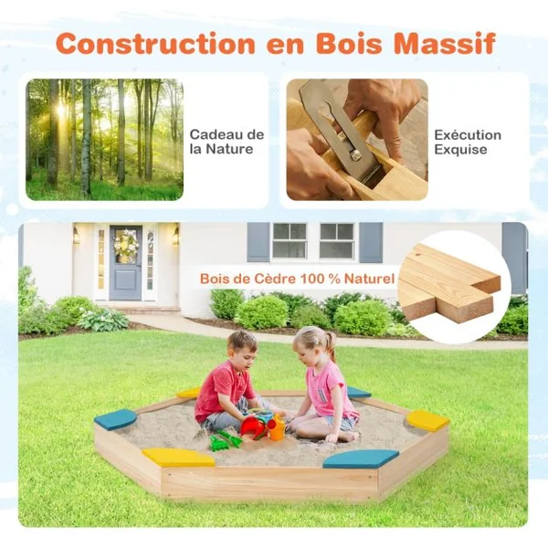 Bac à Sable Hexagone pour Enfants avec 6 Sièges en Bois de cèdre Multicolore 3 Ans+