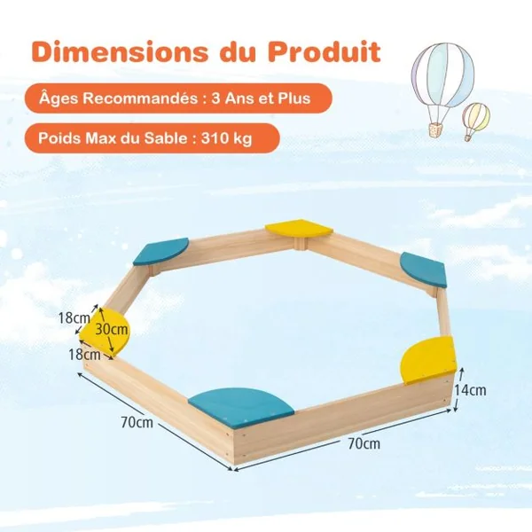 Bac à Sable Hexagone pour Enfants avec 6 Sièges en Bois de cèdre Multicolore 3 Ans+