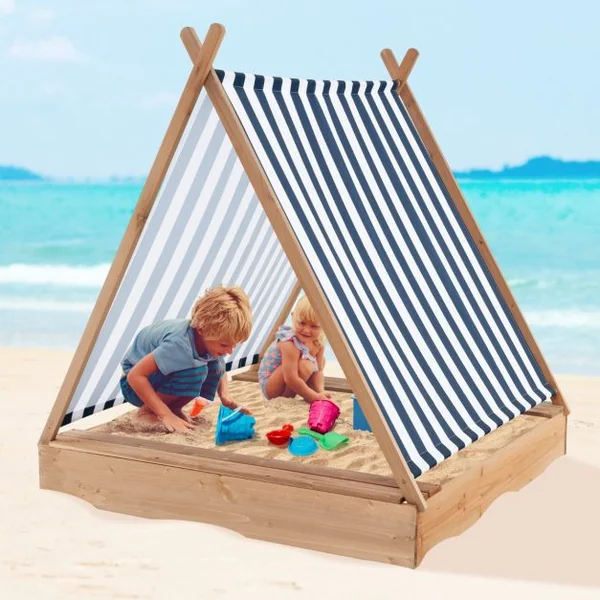 Bac à Sable pour Enfants avec Couvercle Bac à Sable en Bois de 124 x 123 CM avec 2 Bancs Intégrés Cabane de Sable pour 1+ An