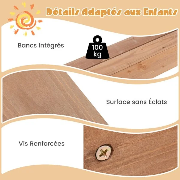 Bac à Sable pour Enfants avec Couvercle Bac à Sable en Bois de 124 x 123 CM avec 2 Bancs Intégrés Cabane de Sable pour 1+ An