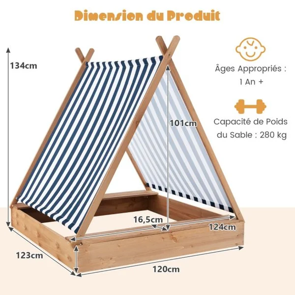 Bac à Sable pour Enfants avec Couvercle Bac à Sable en Bois de 124 x 123 CM avec 2 Bancs Intégrés Cabane de Sable pour 1+ An