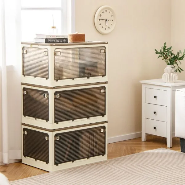 Bacs de Rangement avec Couvercles Lot de 3 Boîtes de Rangement Empilables Roulettes et 5 Portes Conteneurs Pliables en Plastique Blanc