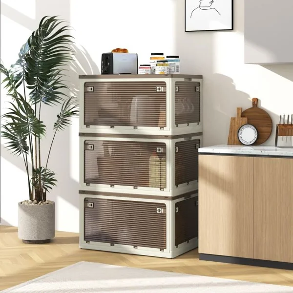 Bacs de Rangement avec Couvercles Lot de 3 Boîtes de Rangement Empilables Roulettes et 5 Portes Conteneurs Pliables en Plastique Blanc