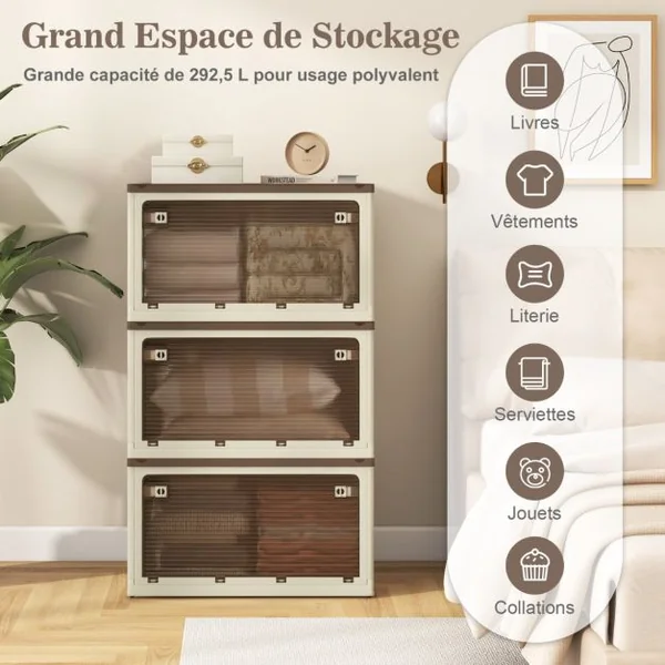 Bacs de Rangement avec Couvercles Lot de 3 Boîtes de Rangement Empilables Roulettes et 5 Portes Conteneurs Pliables en Plastique Blanc