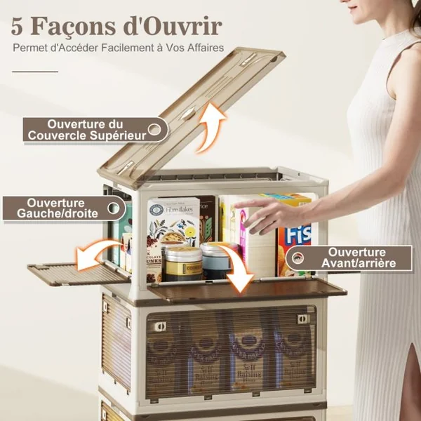 Bacs de Rangement avec Couvercles Lot de 3 Boîtes de Rangement Empilables Roulettes et 5 Portes Conteneurs Pliables en Plastique Blanc