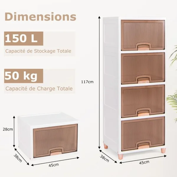 Bacs de Rangement de 150 L avec Couvercles Conteneurs de Rangement Empilables à 4 Niveaux avec Portes Magnétiques Blanc