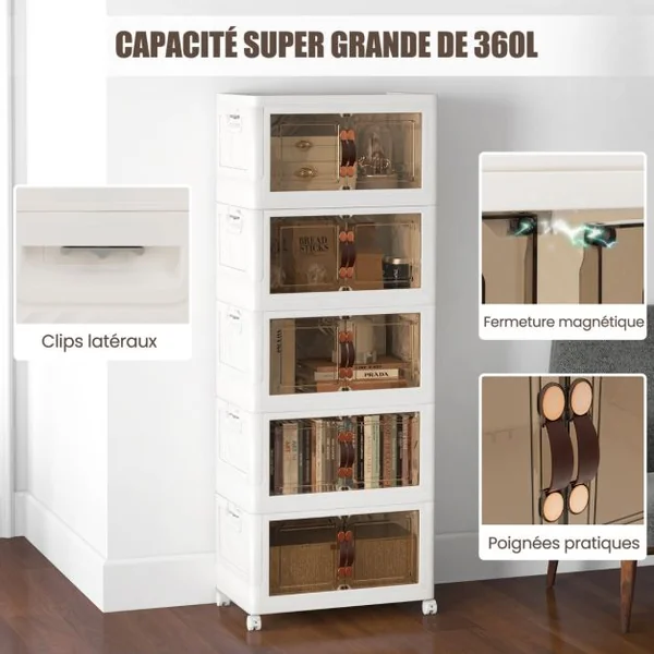Bacs de Rangement Empilables de 316 L avec Roues Verrouillables Lot de 5 Organisateurs Pliables en PP avec Couvercles Blanc