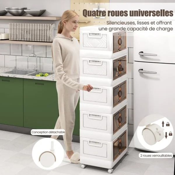 Bacs de Rangement Empilables de 316 L avec Roues Verrouillables Lot de 5 Organisateurs Pliables en PP avec Couvercles Blanc