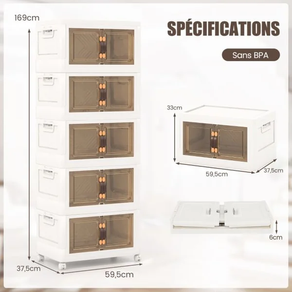 Bacs de Rangement Empilables de 316 L avec Roues Verrouillables Lot de 5 Organisateurs Pliables en PP avec Couvercles Blanc