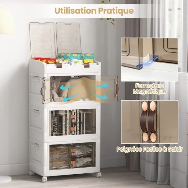 Bacs de Rangement Pliables de 160L avec Couvercles Lot de 3 Conteneurs de Rangement Empilables en Plastique avec Roulettes Blanc