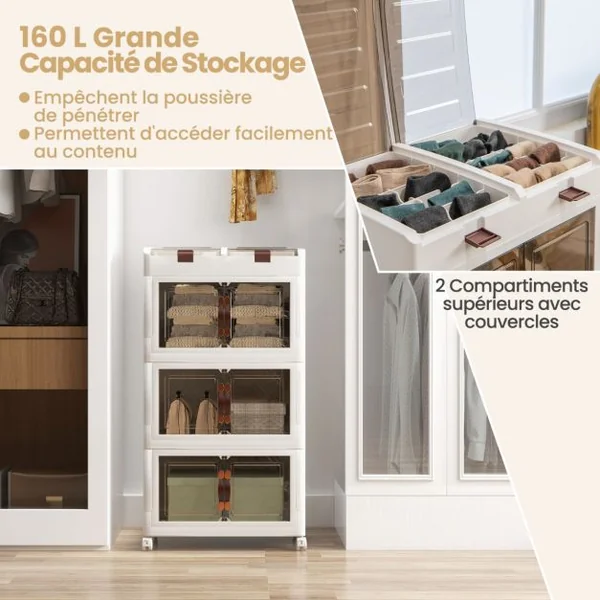 Bacs de Rangement Pliables de 160L avec Couvercles Lot de 3 Conteneurs de Rangement Empilables en Plastique avec Roulettes Blanc