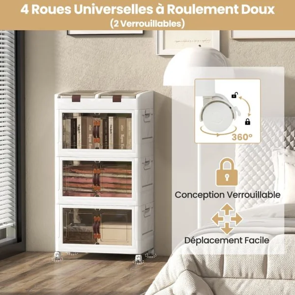 Bacs de Rangement Pliables de 160L avec Couvercles Lot de 3 Conteneurs de Rangement Empilables en Plastique avec Roulettes Blanc