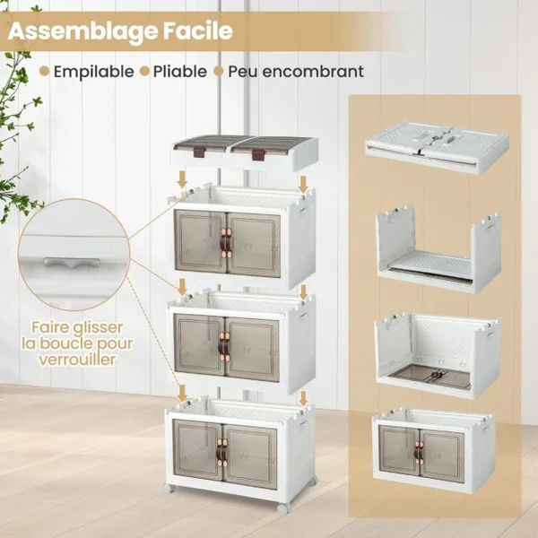 Bacs de Rangement Pliables de 160L avec Couvercles Lot de 3 Conteneurs de Rangement Empilables en Plastique avec Roulettes Blanc